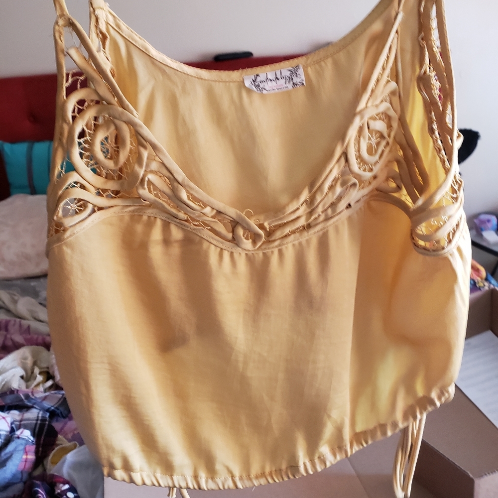 Freepeople mustard yellow drawstring crop top